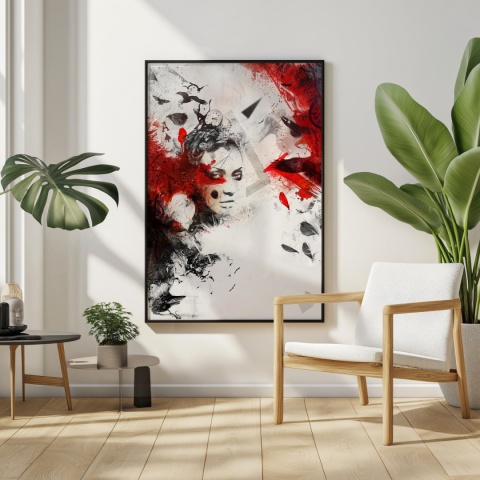 Plakat abstrakcyjny A3 z kobietą i czerwonymi skrzydłami kruka na tle geometrycznych motywów w kolorach czerni, czerwieni i beżu.