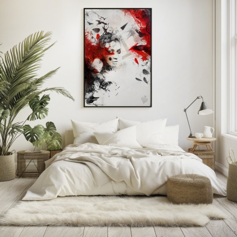 Plakat abstrakcyjny A3 z kobietą i czerwonymi skrzydłami kruka na tle geometrycznych motywów w kolorach czerni, czerwieni i beżu.