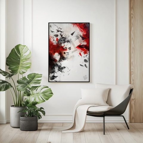 Plakat abstrakcyjny A3 z kobietą i czerwonymi skrzydłami kruka na tle geometrycznych motywów w kolorach czerni, czerwieni i beżu.