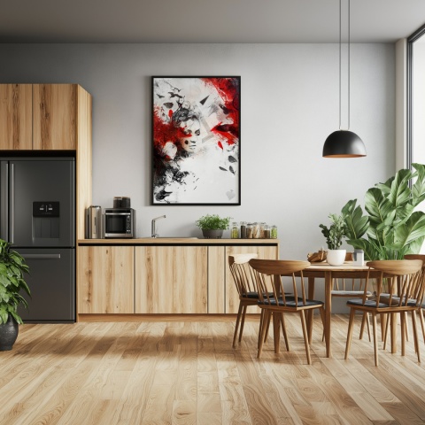 Plakat abstrakcyjny A3 z kobietą i czerwonymi skrzydłami kruka na tle geometrycznych motywów w kolorach czerni, czerwieni i beżu.