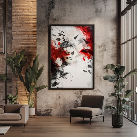 Plakat abstrakcyjny A3 z kobietą i czerwonymi skrzydłami kruka na tle geometrycznych motywów w kolorach czerni, czerwieni i beżu.