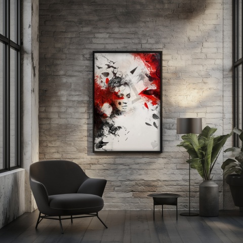 Plakat abstrakcyjny A3 z kobietą i czerwonymi skrzydłami kruka na tle geometrycznych motywów w kolorach czerni, czerwieni i beżu.