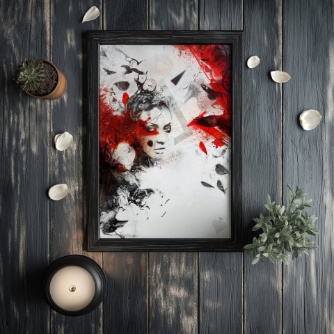 Plakat abstrakcyjny A3 z kobietą i czerwonymi skrzydłami kruka na tle geometrycznych motywów w kolorach czerni, czerwieni i beżu.