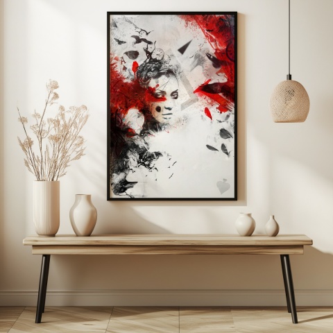 Plakat abstrakcyjny A3 z kobietą i czerwonymi skrzydłami kruka na tle geometrycznych motywów w kolorach czerni, czerwieni i beżu.