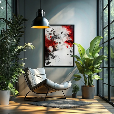 Plakat abstrakcyjny A3 z kobietą i czerwonymi skrzydłami kruka na tle geometrycznych motywów w kolorach czerni, czerwieni i beżu.