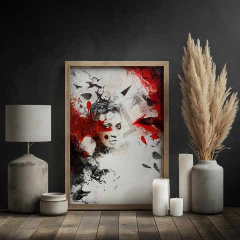 Plakat abstrakcyjny A3 z kobietą i czerwonymi skrzydłami kruka na tle geometrycznych motywów w kolorach czerni, czerwieni i beżu.