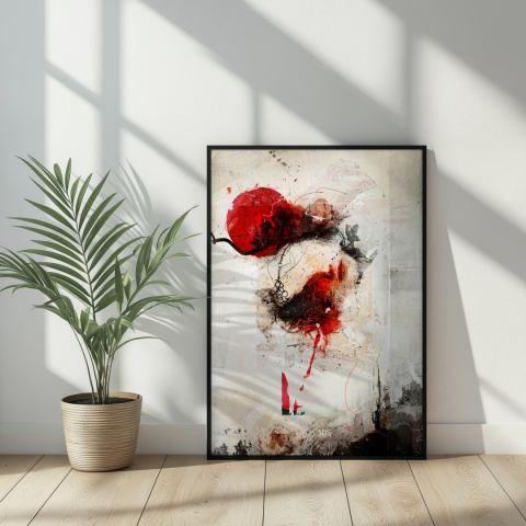 Plakat abstrakcyjny w formacie A3  ze spiralnym wzorem w ciepłych odcieniach złota, beżu i bieli na jasnym tle.