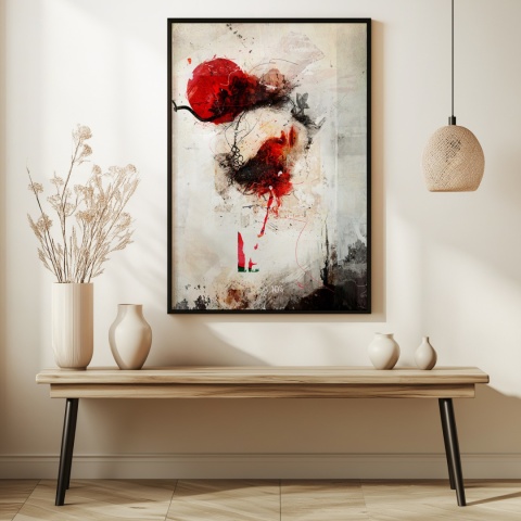 Plakat abstrakcyjny w formacie A3  ze spiralnym wzorem w ciepłych odcieniach złota, beżu i bieli na jasnym tle.