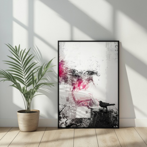 Plakat abstrakcyjny Format A3 - 0006 - „Oczy Intuicji – Cień Kruka” – kompozycja z wyrazistymi oczami i cieniem kruka