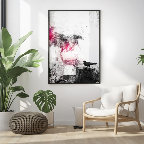 Plakat abstrakcyjny Format A3 - 0006 - „Oczy Intuicji – Cień Kruka” – kompozycja z wyrazistymi oczami i cieniem kruka