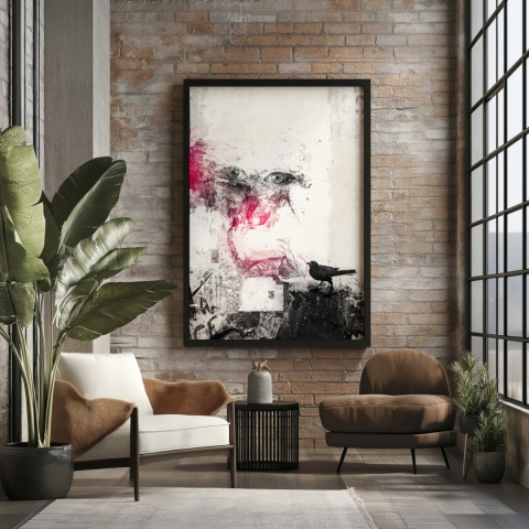 Plakat abstrakcyjny Format A3 - 0006 - „Oczy Intuicji – Cień Kruka” – kompozycja z wyrazistymi oczami i cieniem kruka