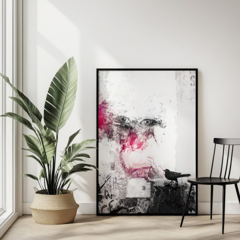 Plakat abstrakcyjny Format A3 - 0006 - „Oczy Intuicji – Cień Kruka” – kompozycja z wyrazistymi oczami i cieniem kruka