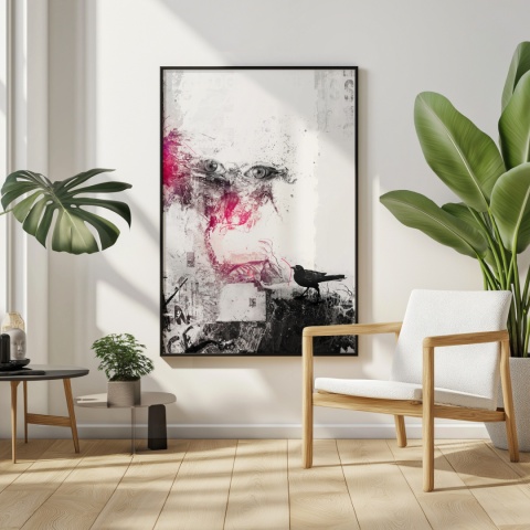 Plakat abstrakcyjny Format A3 - 0006 - „Oczy Intuicji – Cień Kruka” – kompozycja z wyrazistymi oczami i cieniem kruka