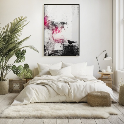 Plakat abstrakcyjny Format A3 - 0006 - „Oczy Intuicji – Cień Kruka” – kompozycja z wyrazistymi oczami i cieniem kruka