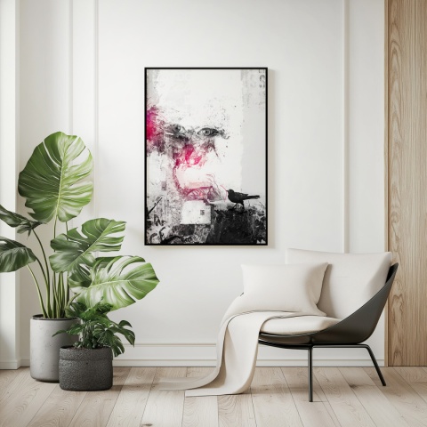 Plakat abstrakcyjny Format A3 - 0006 - „Oczy Intuicji – Cień Kruka” – kompozycja z wyrazistymi oczami i cieniem kruka