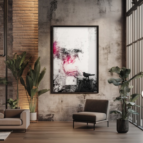 Plakat abstrakcyjny Format A3 - 0006 - „Oczy Intuicji – Cień Kruka” – kompozycja z wyrazistymi oczami i cieniem kruka