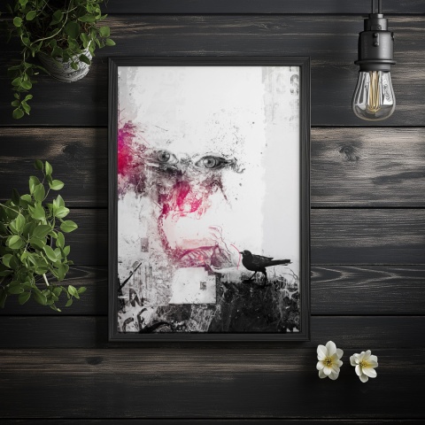 Plakat abstrakcyjny Format A3 - 0006 - „Oczy Intuicji – Cień Kruka” – kompozycja z wyrazistymi oczami i cieniem kruka