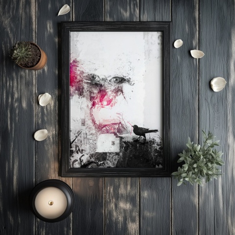 Plakat abstrakcyjny Format A3 - 0006 - „Oczy Intuicji – Cień Kruka” – kompozycja z wyrazistymi oczami i cieniem kruka