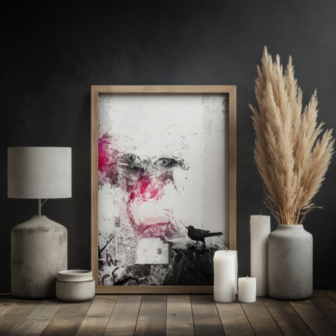 Plakat abstrakcyjny Format A3 - 0006 - „Oczy Intuicji – Cień Kruka” – kompozycja z wyrazistymi oczami i cieniem kruka