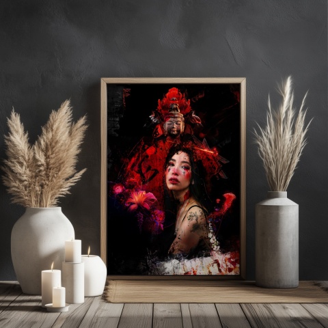 Plakat abstrakcyjny Format A3 - 0008 - „Strażniczka Czerwieni” – kobieta w otoczeniu czerwieni i duchowych symboli