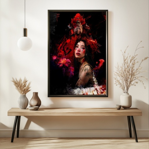 Plakat abstrakcyjny Format A3 - 0008 - „Strażniczka Czerwieni” – kobieta w otoczeniu czerwieni i duchowych symboli