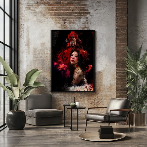 Plakat abstrakcyjny Format A3 - 0008 - „Strażniczka Czerwieni” – kobieta w otoczeniu czerwieni i duchowych symboli