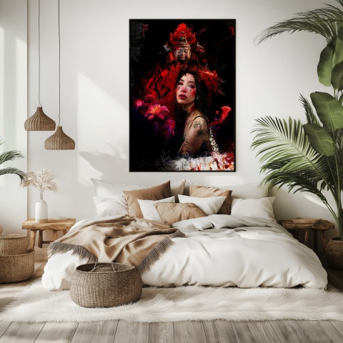 Plakat abstrakcyjny Format A3 - 0008 - „Strażniczka Czerwieni” – kobieta w otoczeniu czerwieni i duchowych symboli
