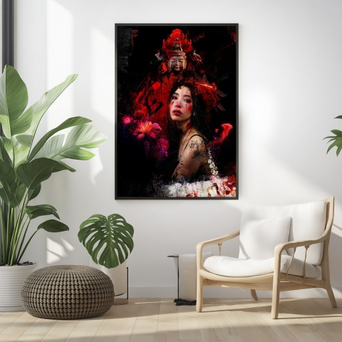 Plakat abstrakcyjny Format A3 - 0008 - „Strażniczka Czerwieni” – kobieta w otoczeniu czerwieni i duchowych symboli