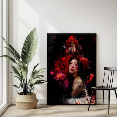 Plakat abstrakcyjny Format A3 - 0008 - „Strażniczka Czerwieni” – kobieta w otoczeniu czerwieni i duchowych symboli