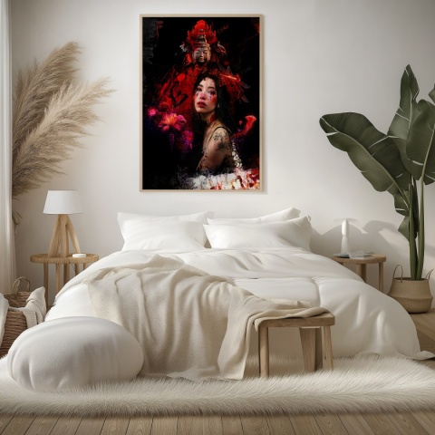 Plakat abstrakcyjny Format A3 - 0008 - „Strażniczka Czerwieni” – kobieta w otoczeniu czerwieni i duchowych symboli