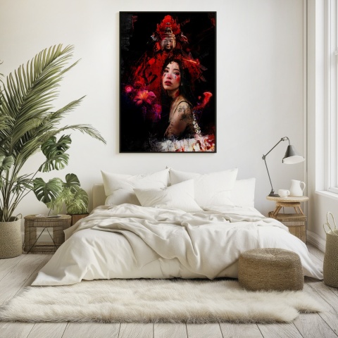 Plakat abstrakcyjny Format A3 - 0008 - „Strażniczka Czerwieni” – kobieta w otoczeniu czerwieni i duchowych symboli