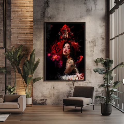 Plakat abstrakcyjny Format A3 - 0008 - „Strażniczka Czerwieni” – kobieta w otoczeniu czerwieni i duchowych symboli