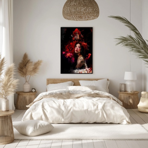 Plakat abstrakcyjny Format A3 - 0008 - „Strażniczka Czerwieni” – kobieta w otoczeniu czerwieni i duchowych symboli