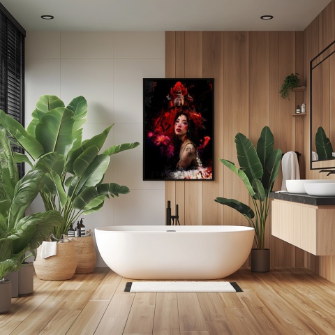 Plakat abstrakcyjny Format A3 - 0008 - „Strażniczka Czerwieni” – kobieta w otoczeniu czerwieni i duchowych symboli