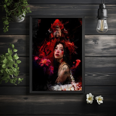 Plakat abstrakcyjny Format A3 - 0008 - „Strażniczka Czerwieni” – kobieta w otoczeniu czerwieni i duchowych symboli