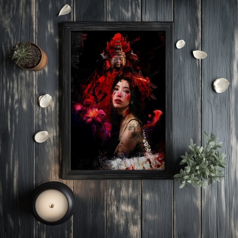 Plakat abstrakcyjny Format A3 - 0008 - „Strażniczka Czerwieni” – kobieta w otoczeniu czerwieni i duchowych symboli