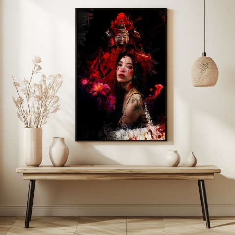 Plakat abstrakcyjny Format A3 - 0008 - „Strażniczka Czerwieni” – kobieta w otoczeniu czerwieni i duchowych symboli