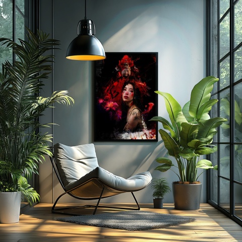 Plakat abstrakcyjny Format A3 - 0008 - „Strażniczka Czerwieni” – kobieta w otoczeniu czerwieni i duchowych symboli