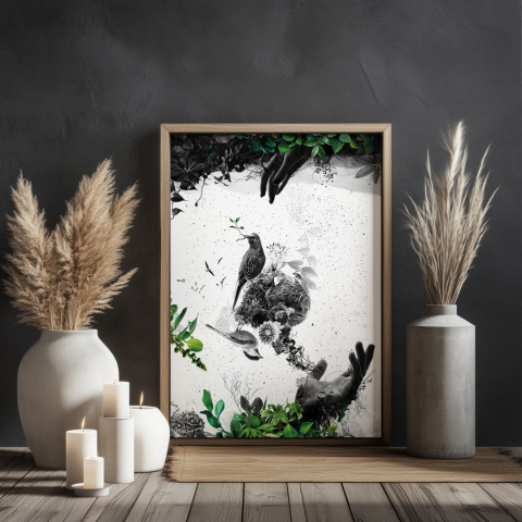 Plakat abstrakcyjny Format A3 - 0009 - „EkoGenesis” – surrealistyczna kompozycja dłoni, ptaków i roślin