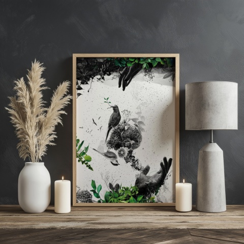 Plakat abstrakcyjny Format A3 - 0009 - „EkoGenesis” – surrealistyczna kompozycja dłoni, ptaków i roślin