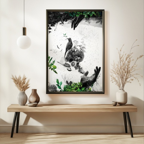 Plakat abstrakcyjny Format A3 - 0009 - „EkoGenesis” – surrealistyczna kompozycja dłoni, ptaków i roślin