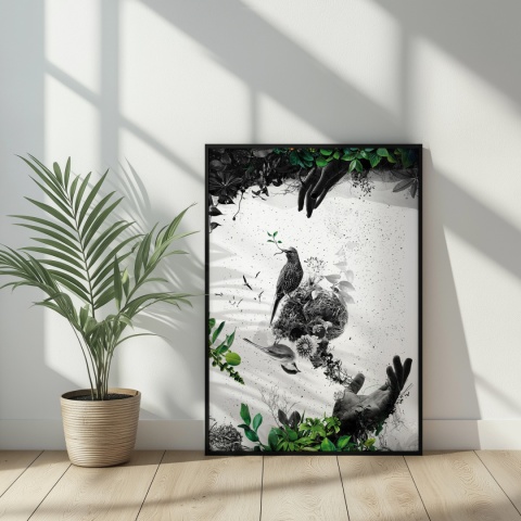 Plakat abstrakcyjny Format A3 - 0009 - „EkoGenesis” – surrealistyczna kompozycja dłoni, ptaków i roślin
