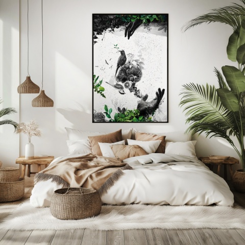 Plakat abstrakcyjny Format A3 - 0009 - „EkoGenesis” – surrealistyczna kompozycja dłoni, ptaków i roślin
