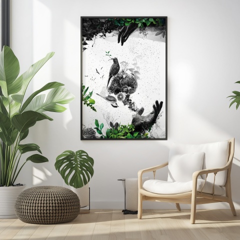 Plakat abstrakcyjny Format A3 - 0009 - „EkoGenesis” – surrealistyczna kompozycja dłoni, ptaków i roślin