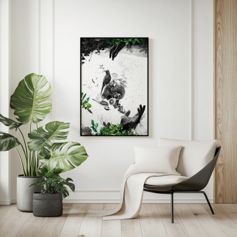 Plakat abstrakcyjny Format A3 - 0009 - „EkoGenesis” – surrealistyczna kompozycja dłoni, ptaków i roślin