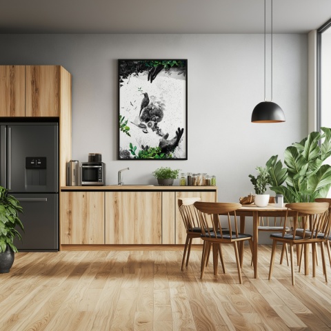 Plakat abstrakcyjny Format A3 - 0009 - „EkoGenesis” – surrealistyczna kompozycja dłoni, ptaków i roślin