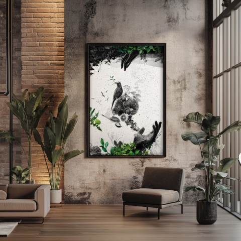 Plakat abstrakcyjny Format A3 - 0009 - „EkoGenesis” – surrealistyczna kompozycja dłoni, ptaków i roślin