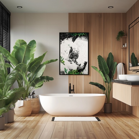 Plakat abstrakcyjny Format A3 - 0009 - „EkoGenesis” – surrealistyczna kompozycja dłoni, ptaków i roślin