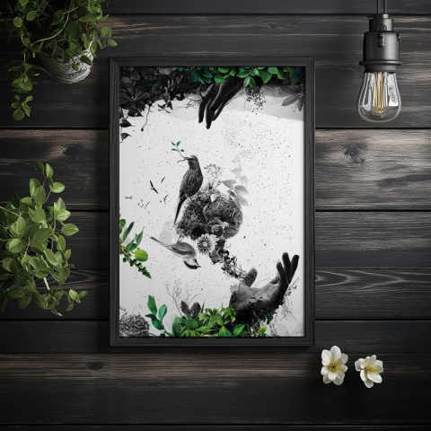 Plakat abstrakcyjny Format A3 - 0009 - „EkoGenesis” – surrealistyczna kompozycja dłoni, ptaków i roślin