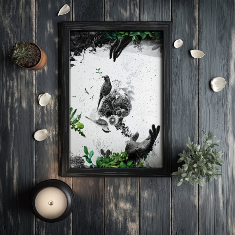 Plakat abstrakcyjny Format A3 - 0009 - „EkoGenesis” – surrealistyczna kompozycja dłoni, ptaków i roślin